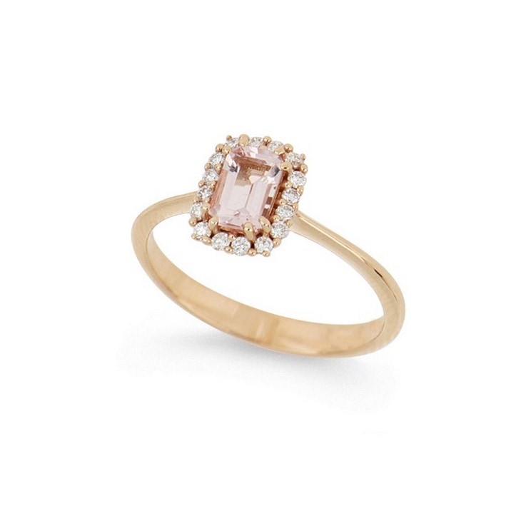 Anello con morganite taglio smeraldo e contorno di diamanti