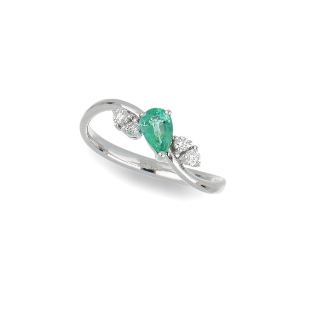 Anello curvo con smeraldo a goccia e diamanti