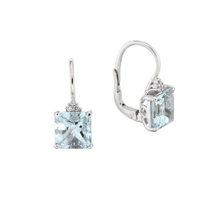 Orecchini pendenti con acquamarina taglio Princess e diamanti
