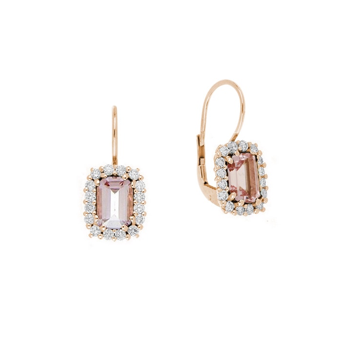 Orecchini con morganite taglio smeraldo e contorno di diamanti